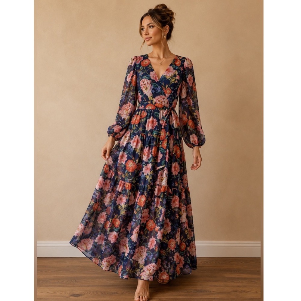 Eliza J Navy Floral Chiffon Maxi Dress Long Sleeve Tiered Gown Size 8